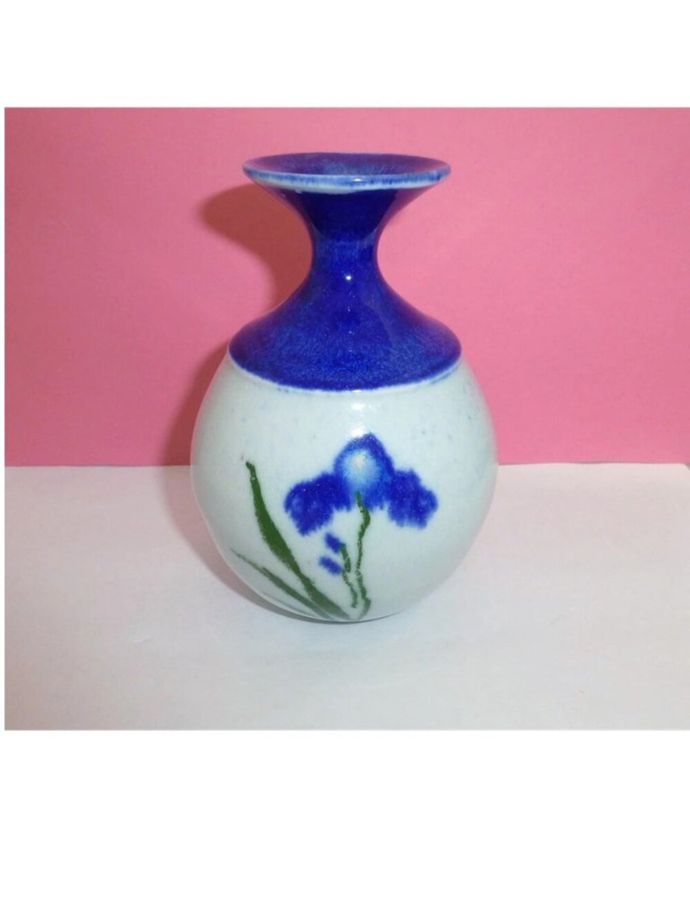 Vintage Earth Fire blue iris flower vase hand made pottery